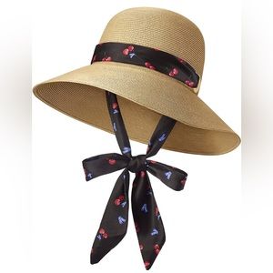 Straw Sun Hat with cherry print Ribbon OS